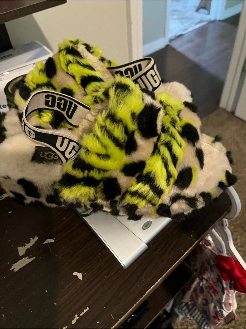 UGG Kids Neon Yellow & Black Fuzzy Shearling Slip-On Slippers